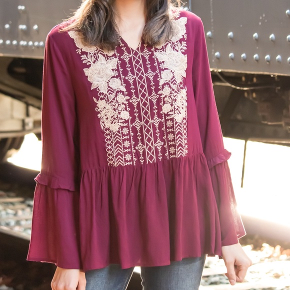 JODIFL Tops - ⭐️Red Floral Embroidered Long Sleeve Peplum Top⭐️